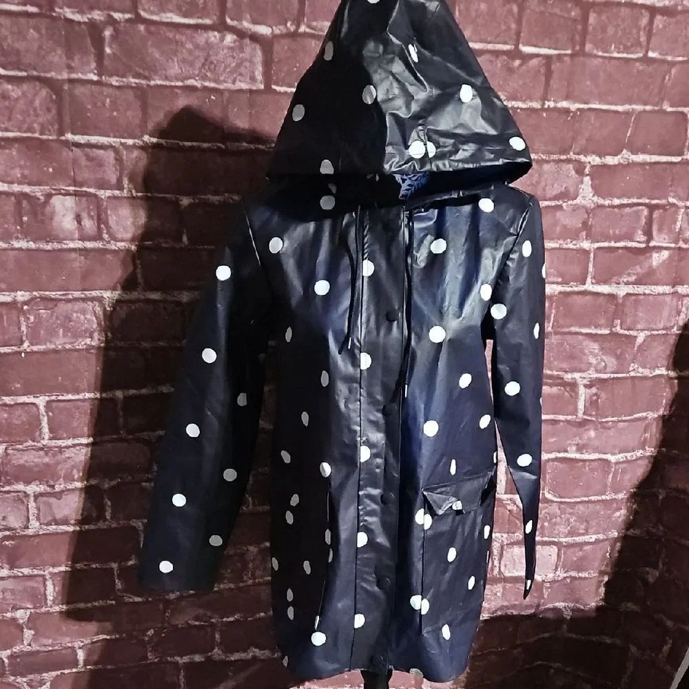 Loft Navy Blue & White Polka Dot Hooded Raincoat with Pockets CLEARANCE